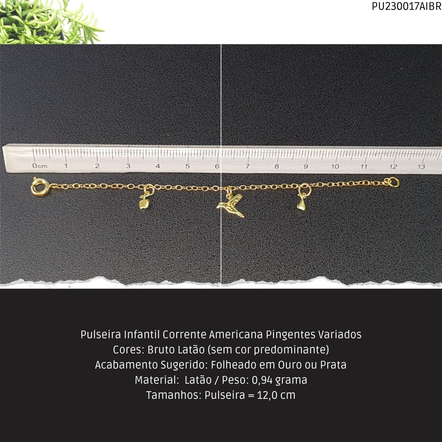 Pulseira Infantil Corrente Americana Pingentes Variados  - Código.: PU230017AIBR  - Peso.: 0.9 gr