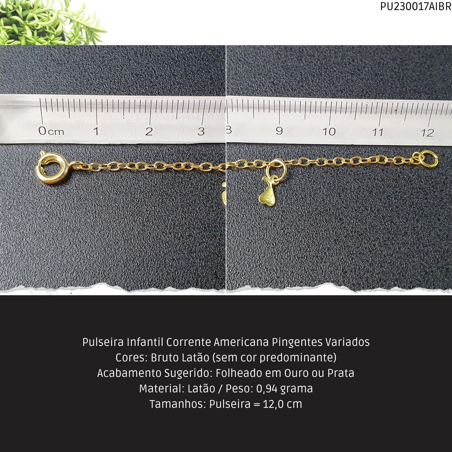 Pulseira Infantil Corrente Americana Pingentes Variados  - Código.: PU230017AIBR  - Peso.: 0.9 gr