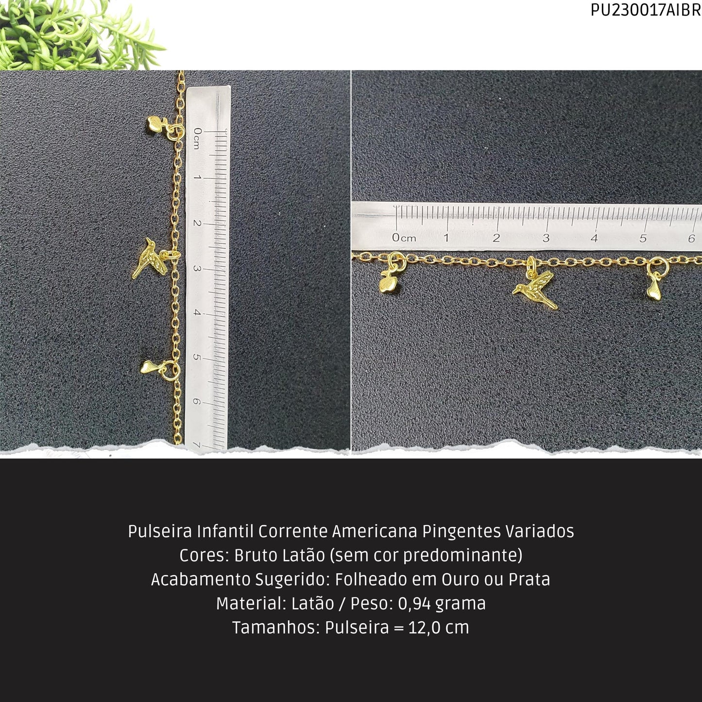 Pulseira Infantil Corrente Americana Pingentes Variados  - Código.: PU230017AIBR  - Peso.: 0.9 gr