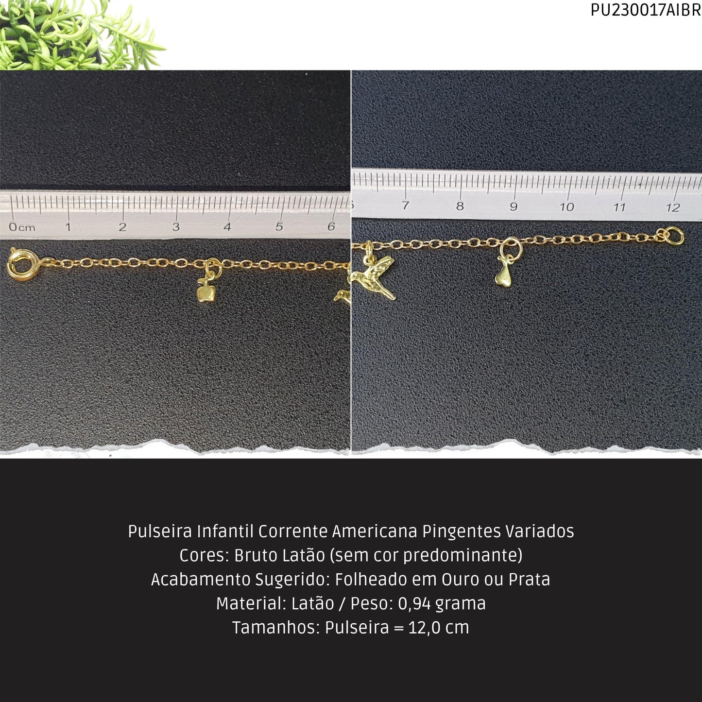 Pulseira Infantil Corrente Americana Pingentes Variados  - Código.: PU230017AIBR  - Peso.: 0.9 gr