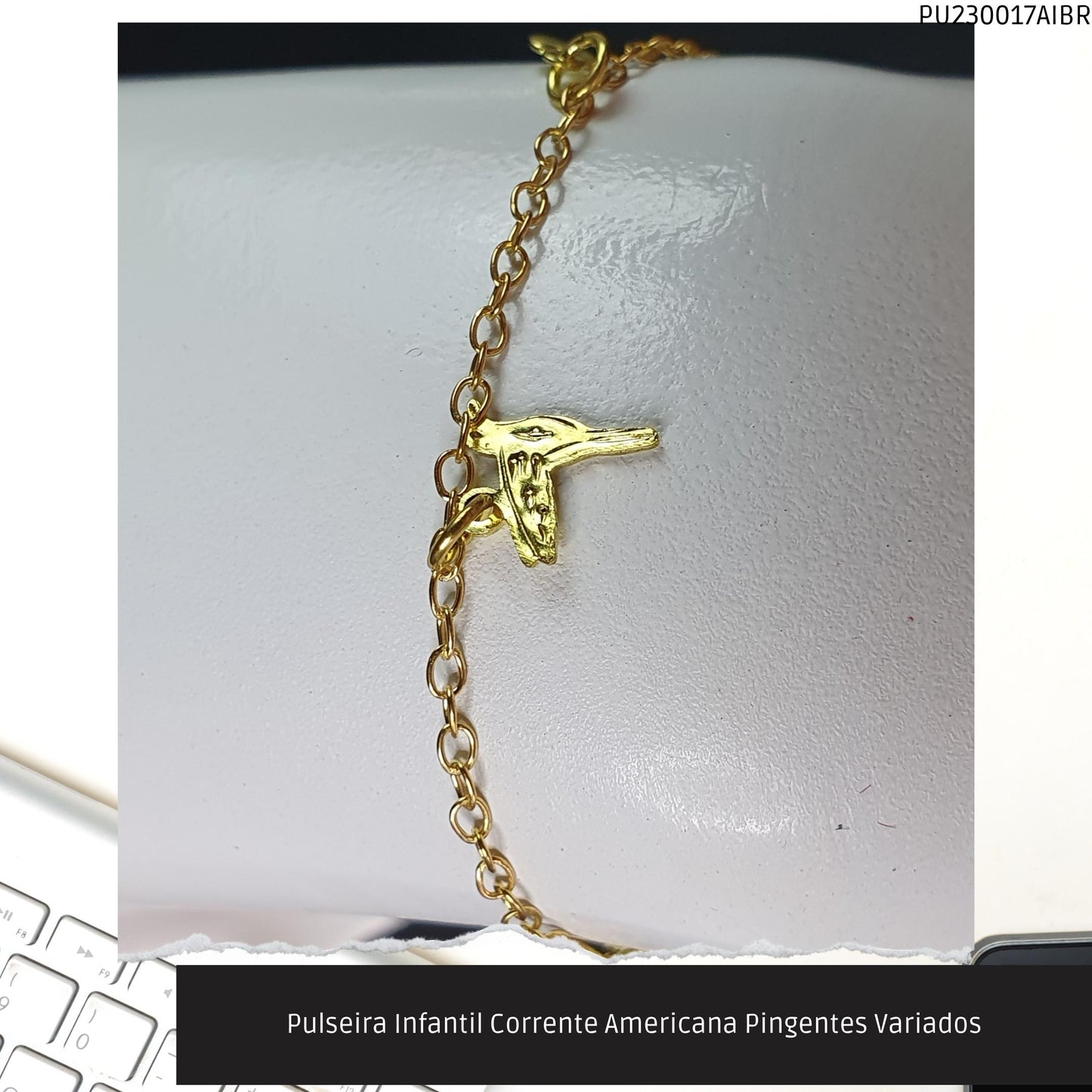Pulseira Infantil Corrente Americana Pingentes Variados  - Código.: PU230017AIBR  - Peso.: 0.9 gr