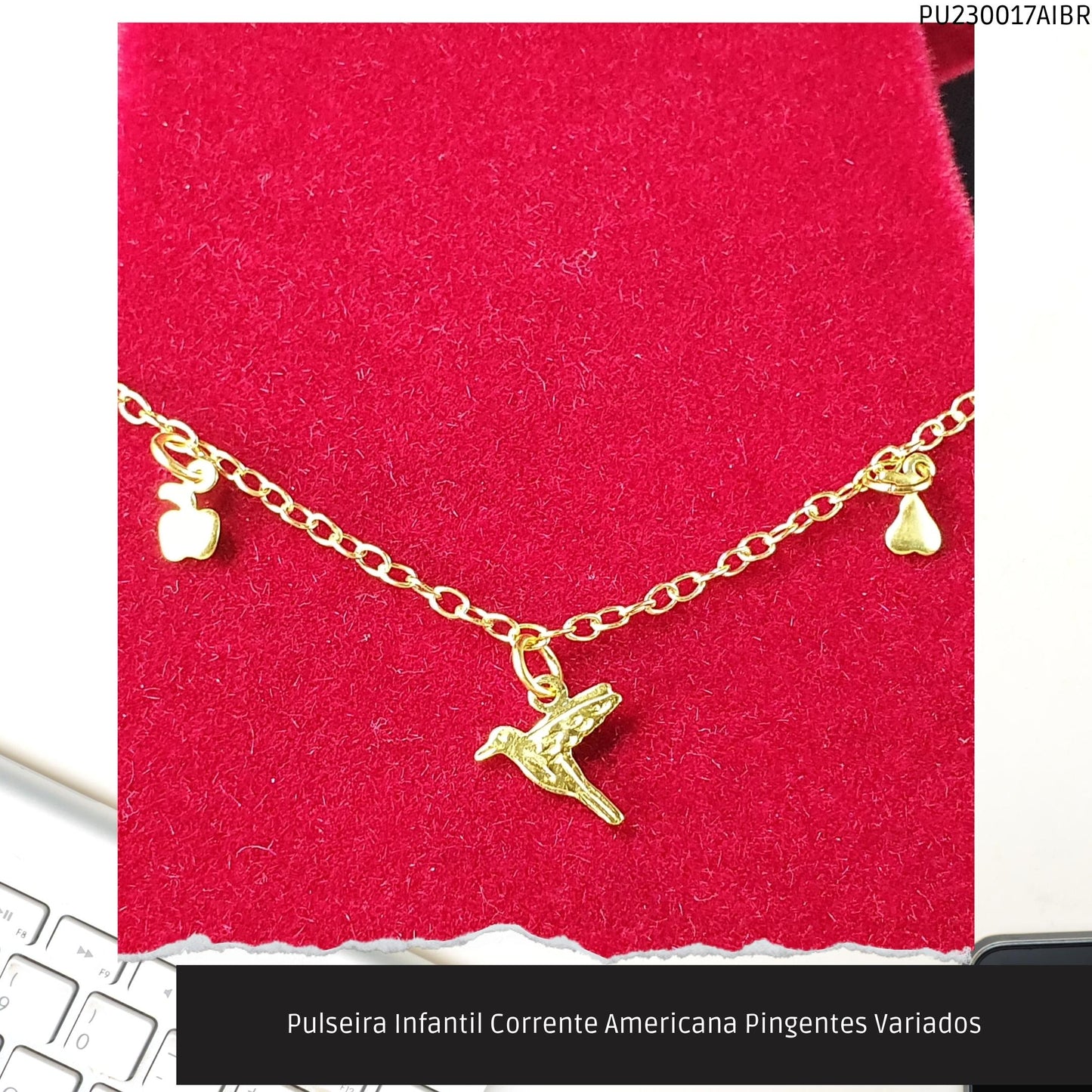 Pulseira Infantil Corrente Americana Pingentes Variados  - Código.: PU230017AIBR  - Peso.: 0.9 gr