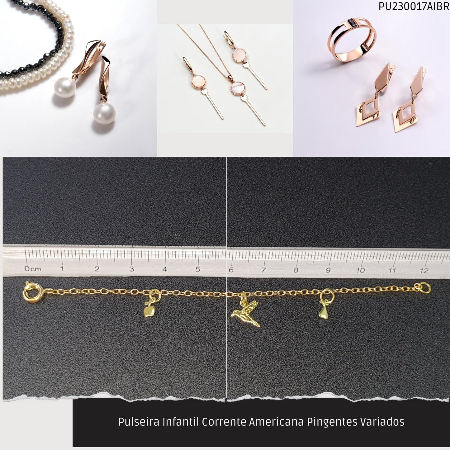 Pulseira Infantil Corrente Americana Pingentes Variados  - Código.: PU230017AIBR  - Peso.: 0.9 gr