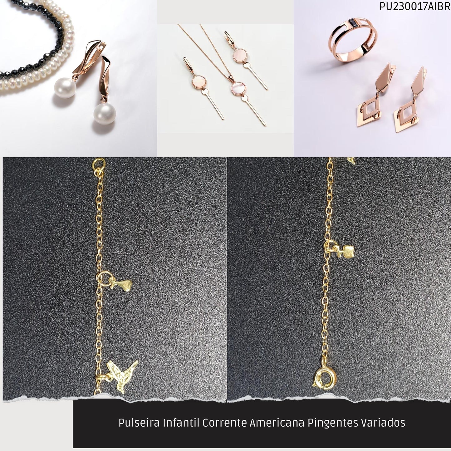 Pulseira Infantil Corrente Americana Pingentes Variados  - Código.: PU230017AIBR  - Peso.: 0.9 gr
