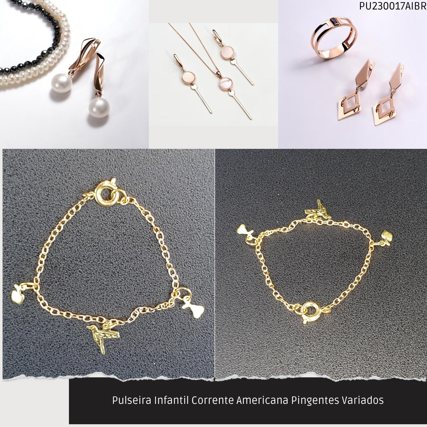 Pulseira Infantil Corrente Americana Pingentes Variados  - Código.: PU230017AIBR  - Peso.: 0.9 gr