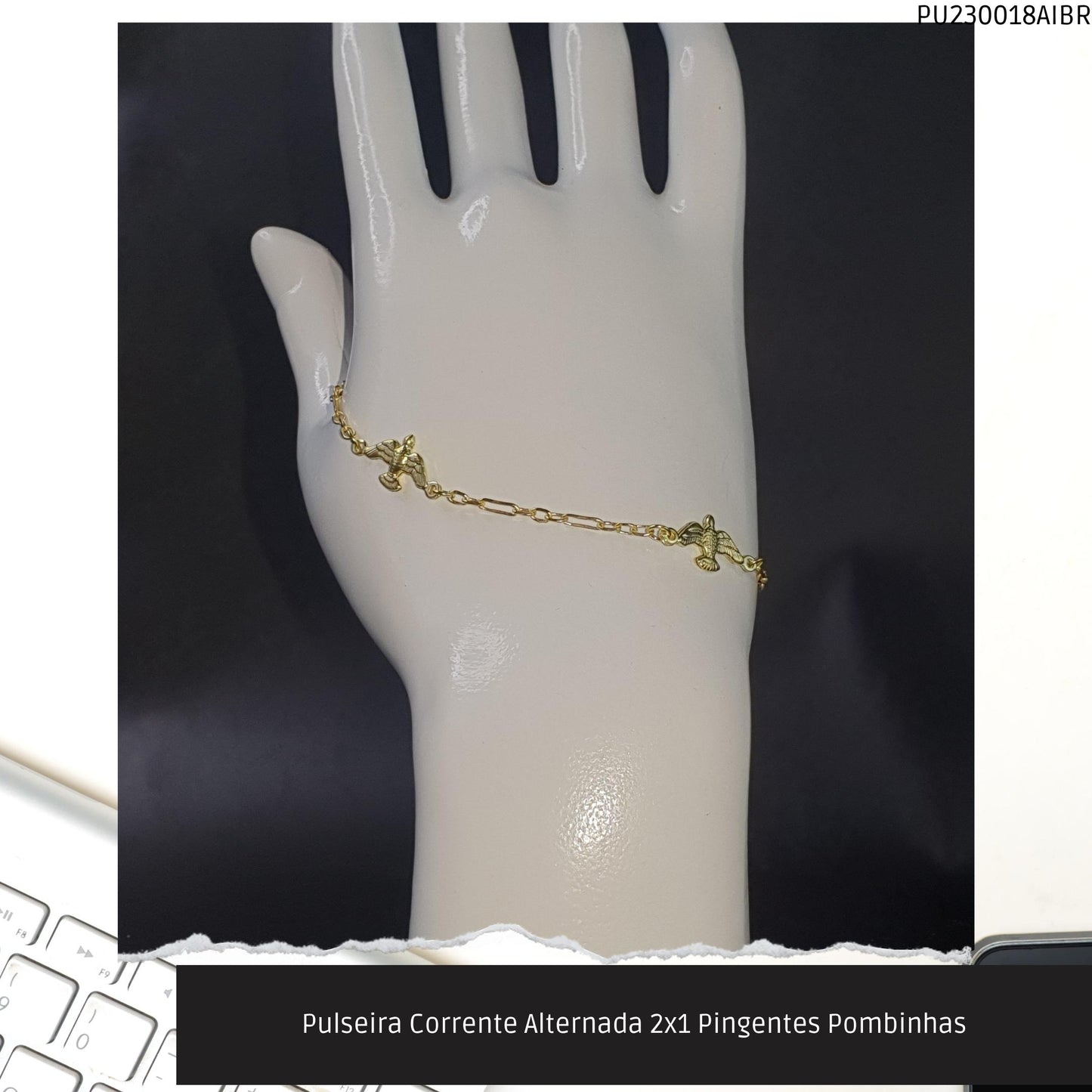 Pulseira Corrente Alternada 2x1 Pingentes Pombinhas  - Código.: PU230018AIBR  - Peso.: 2.1 gr
