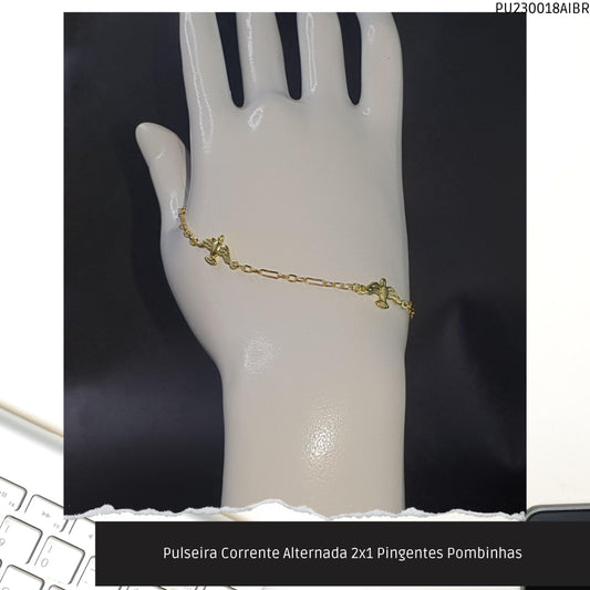 Pulseira Corrente Alternada 2x1 Pingentes Pombinhas  - Código.: PU230018AIBR  - Peso.: 2.1 gr