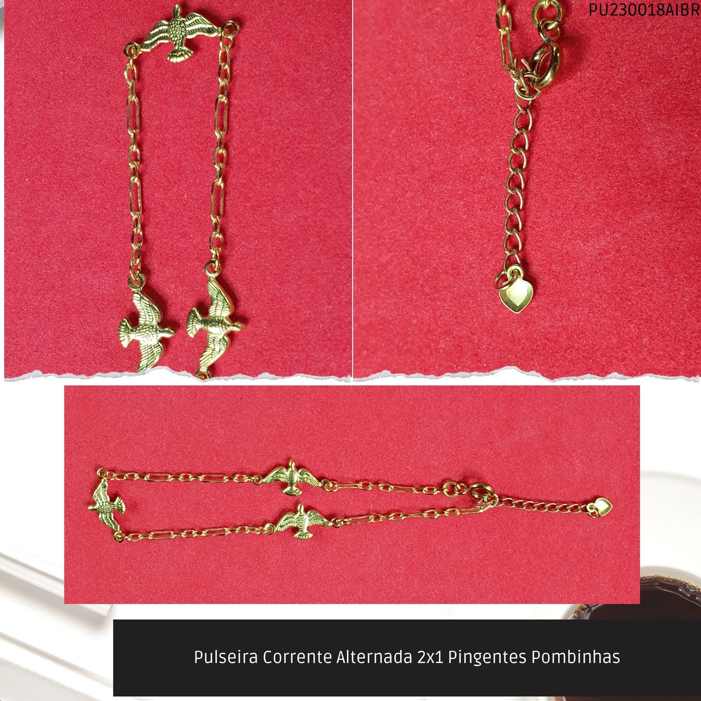 Pulseira Corrente Alternada 2x1 Pingentes Pombinhas  - Código.: PU230018AIBR  - Peso.: 2.1 gr