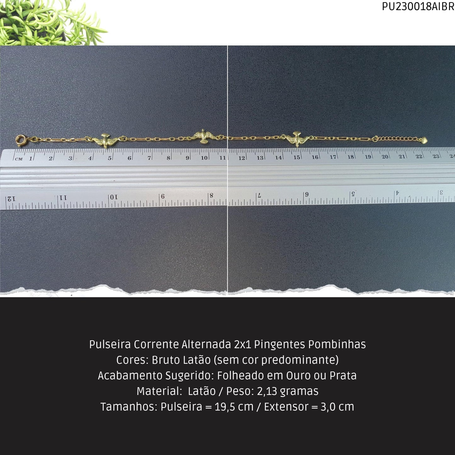 Pulseira Corrente Alternada 2x1 Pingentes Pombinhas  - Código.: PU230018AIBR  - Peso.: 2.1 gr