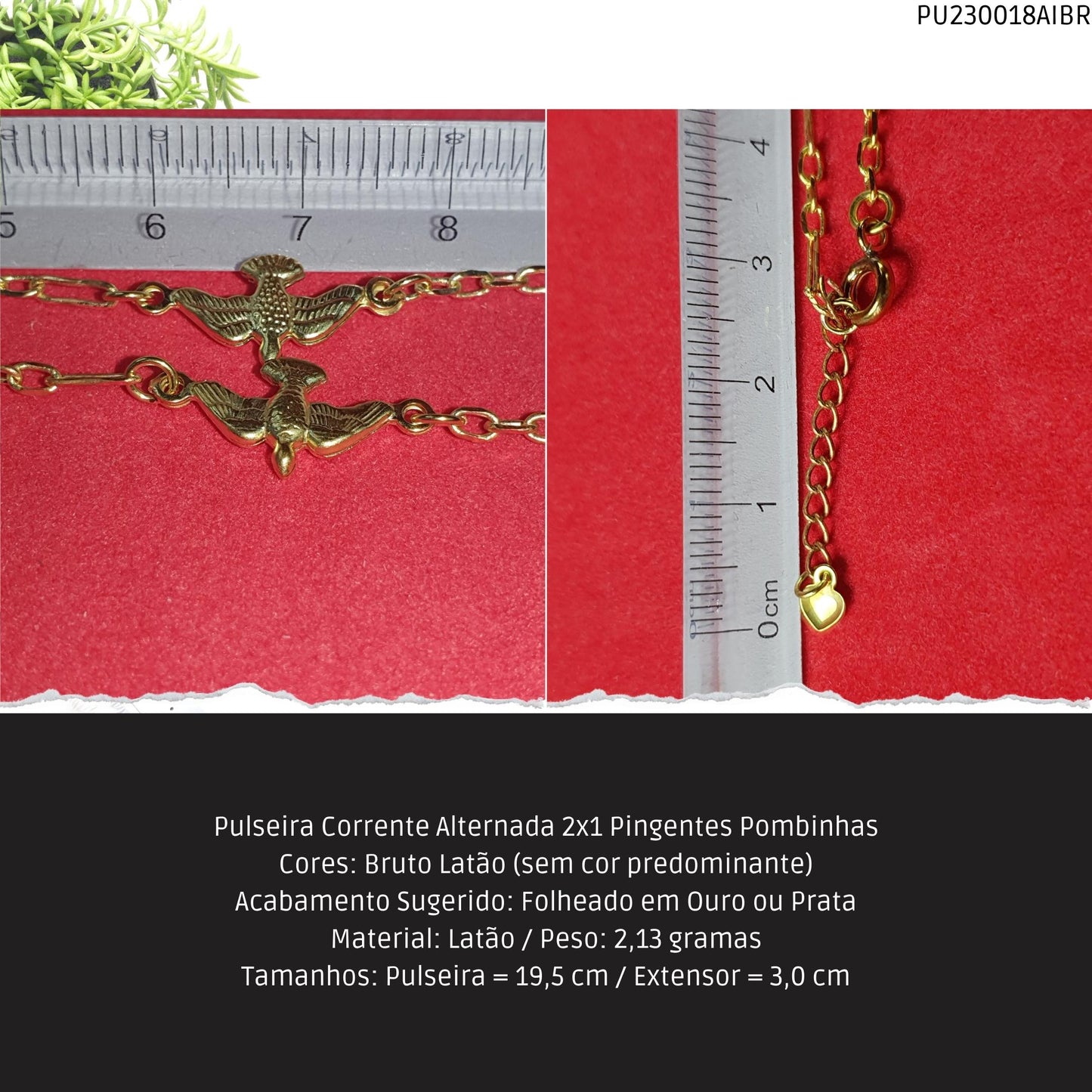 Pulseira Corrente Alternada 2x1 Pingentes Pombinhas  - Código.: PU230018AIBR  - Peso.: 2.1 gr