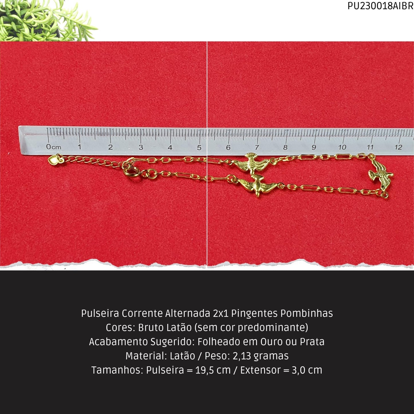 Pulseira Corrente Alternada 2x1 Pingentes Pombinhas  - Código.: PU230018AIBR  - Peso.: 2.1 gr