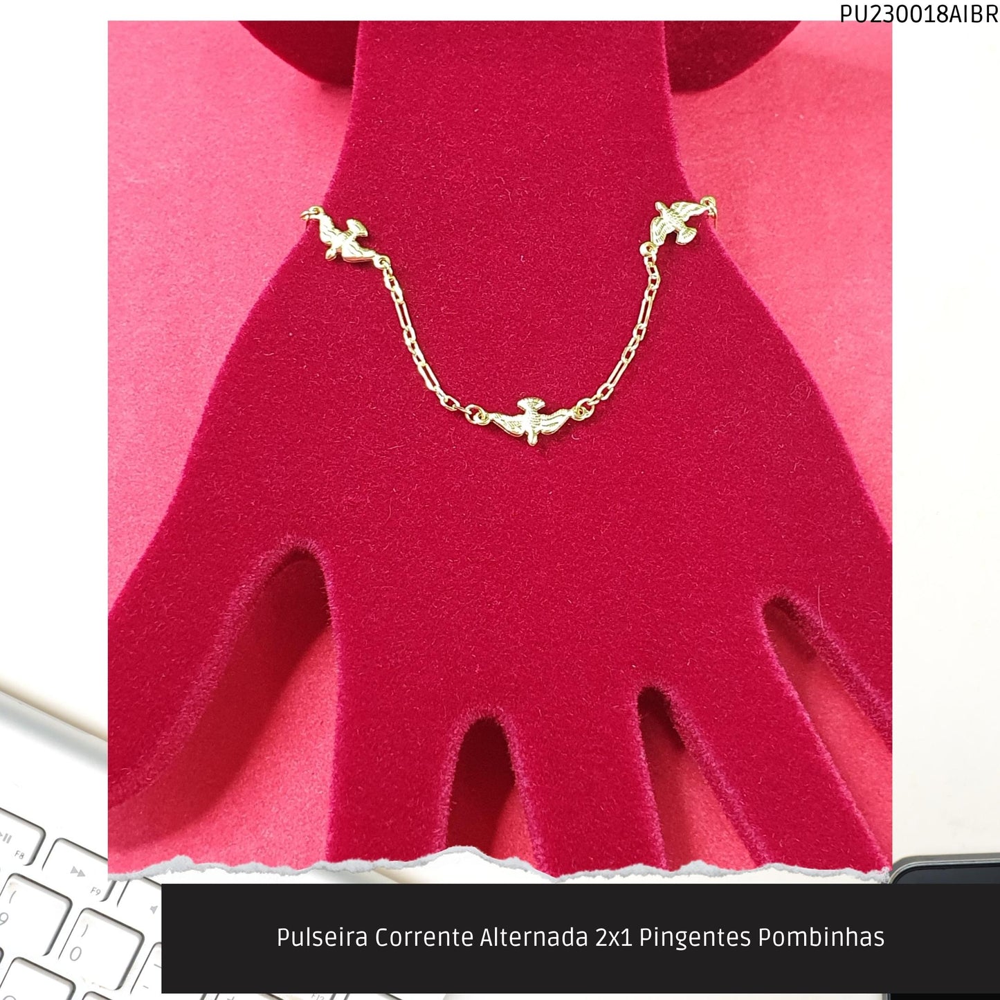Pulseira Corrente Alternada 2x1 Pingentes Pombinhas  - Código.: PU230018AIBR  - Peso.: 2.1 gr