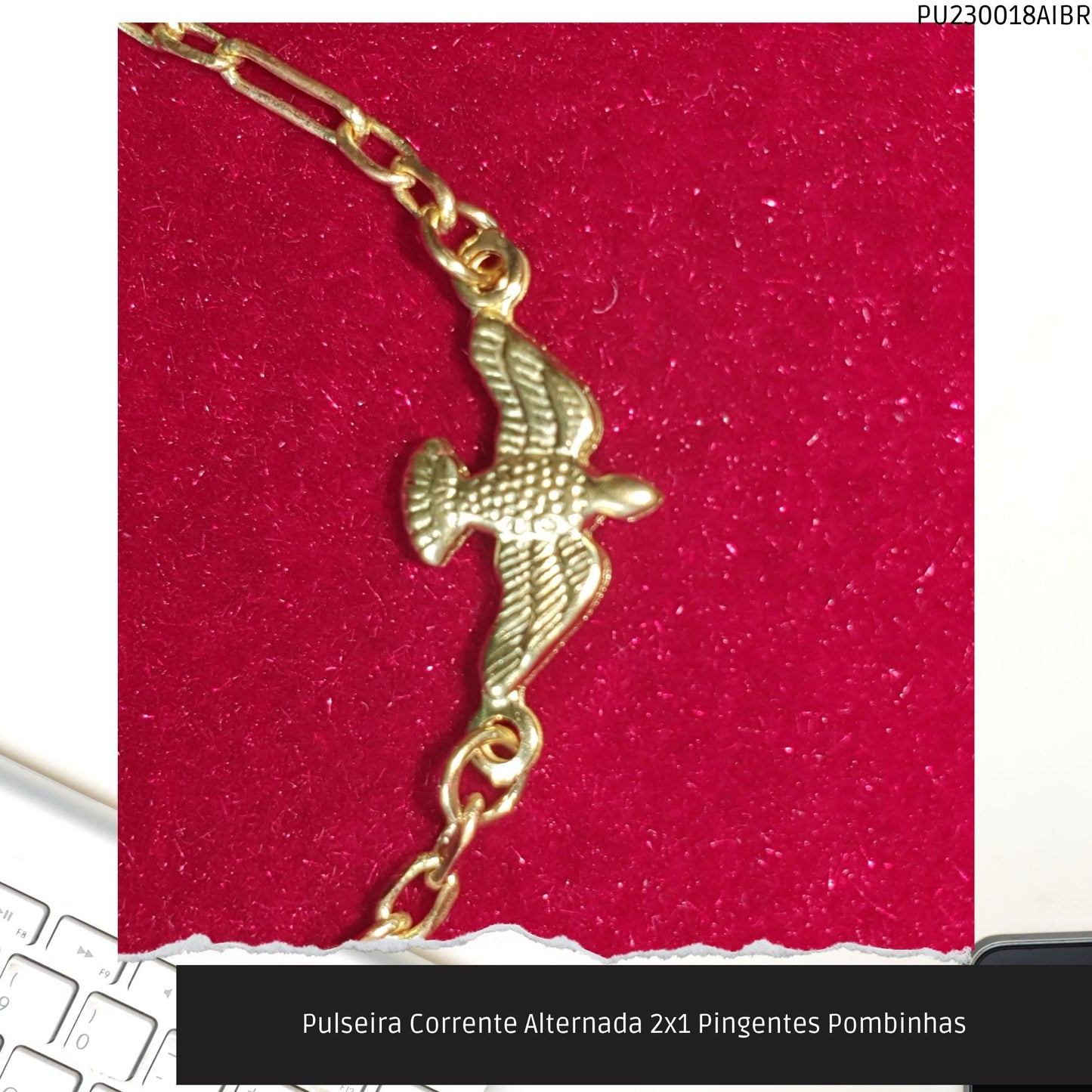 Pulseira Corrente Alternada 2x1 Pingentes Pombinhas  - Código.: PU230018AIBR  - Peso.: 2.1 gr