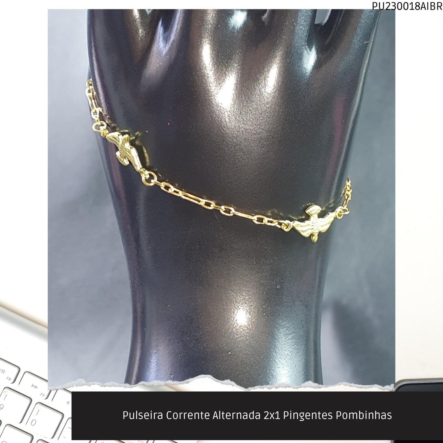 Pulseira Corrente Alternada 2x1 Pingentes Pombinhas  - Código.: PU230018AIBR  - Peso.: 2.1 gr