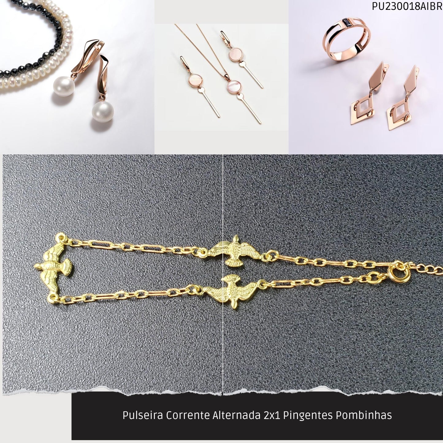 Pulseira Corrente Alternada 2x1 Pingentes Pombinhas  - Código.: PU230018AIBR  - Peso.: 2.1 gr