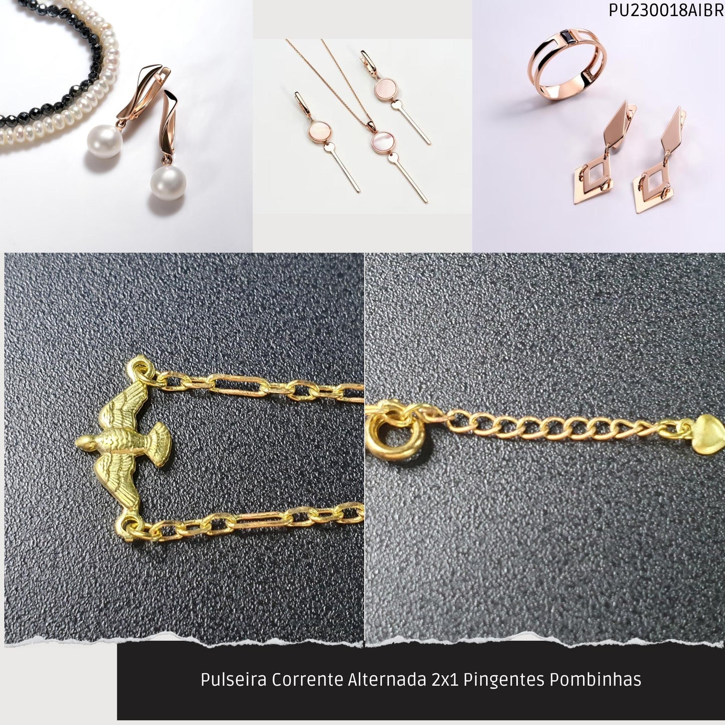 Pulseira Corrente Alternada 2x1 Pingentes Pombinhas  - Código.: PU230018AIBR  - Peso.: 2.1 gr