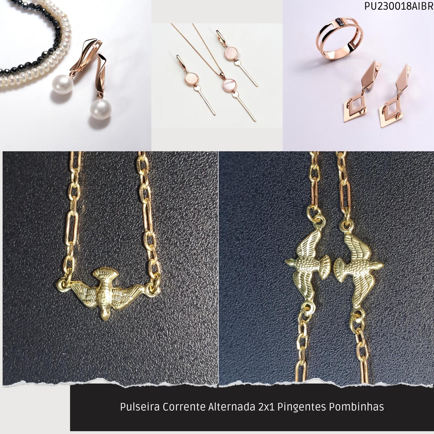 Pulseira Corrente Alternada 2x1 Pingentes Pombinhas  - Código.: PU230018AIBR  - Peso.: 2.1 gr
