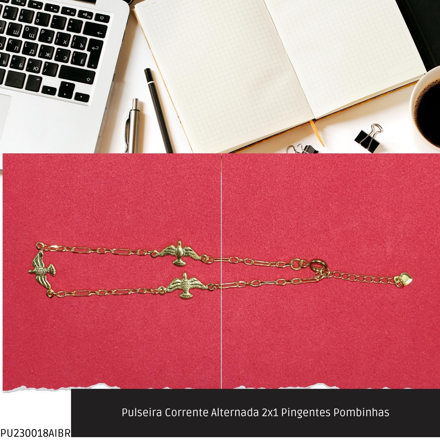 Pulseira Corrente Alternada 2x1 Pingentes Pombinhas  - Código.: PU230018AIBR  - Peso.: 2.1 gr