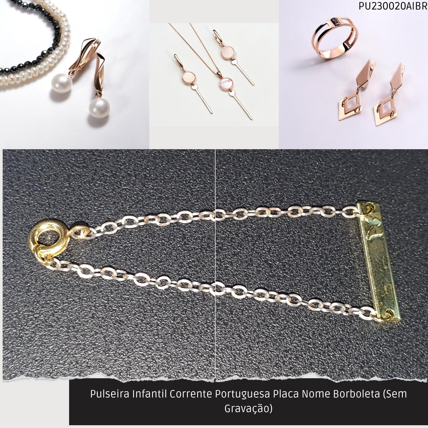 Pulseira Infantil Corrente Portuguesa Placa Nome Borboleta (Sem Gravação)  - Código.: PU230020AIBR  - Peso.: 1.1 gr
