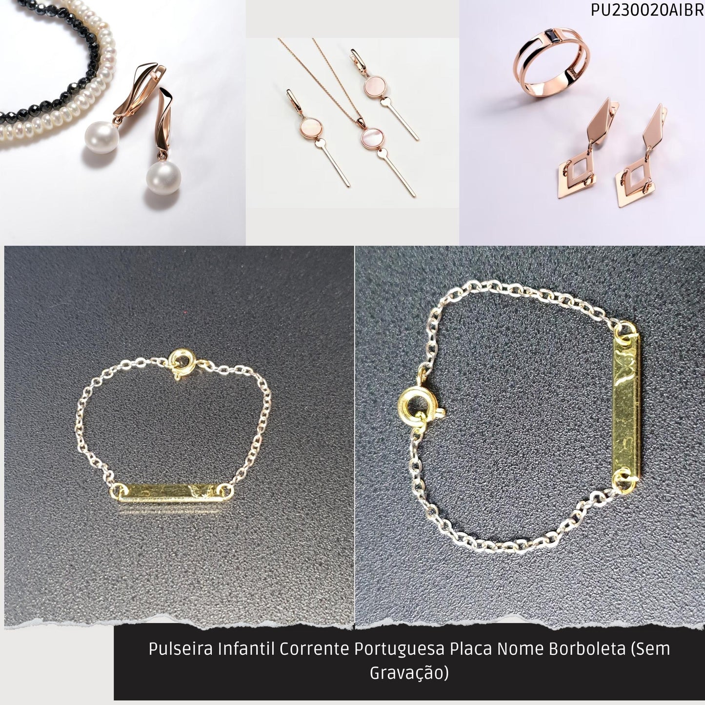 Pulseira Infantil Corrente Portuguesa Placa Nome Borboleta (Sem Gravação)  - Código.: PU230020AIBR  - Peso.: 1.1 gr
