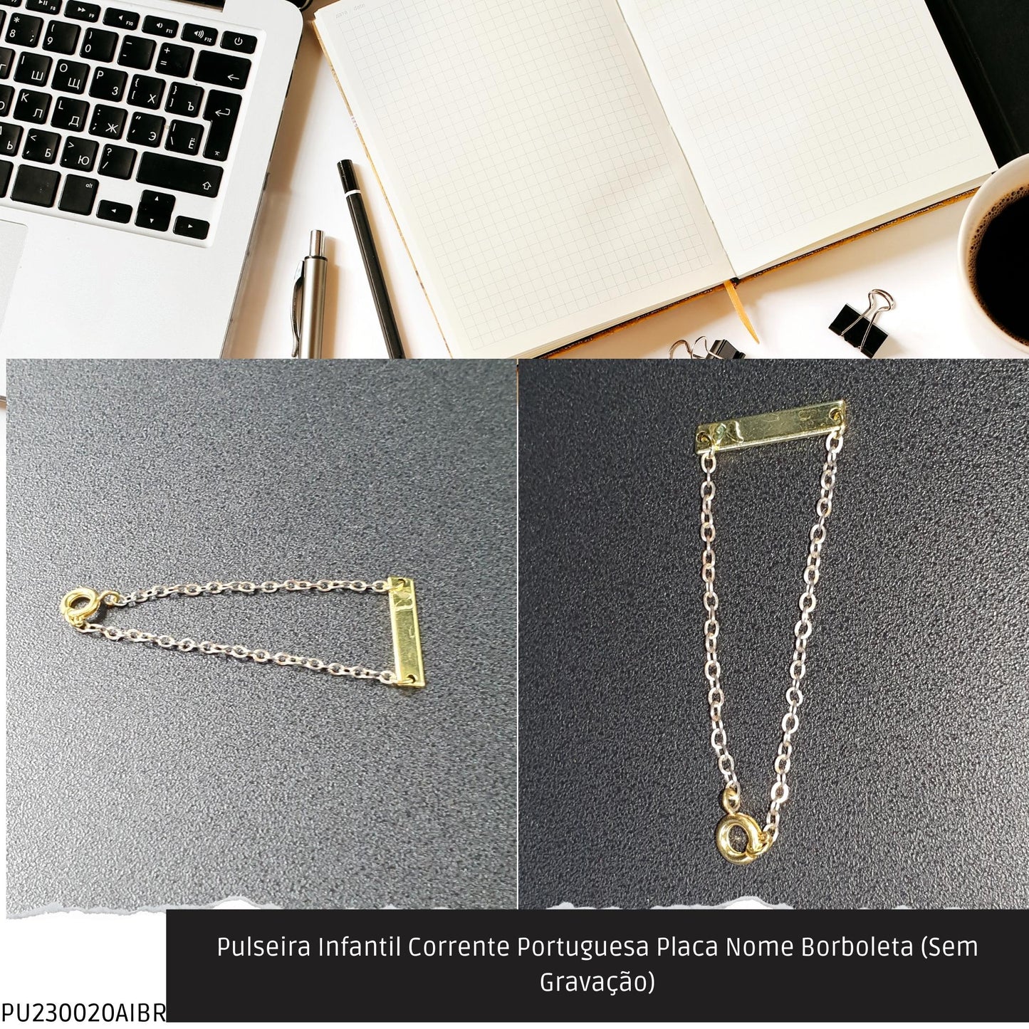 Pulseira Infantil Corrente Portuguesa Placa Nome Borboleta (Sem Gravação)  - Código.: PU230020AIBR  - Peso.: 1.1 gr