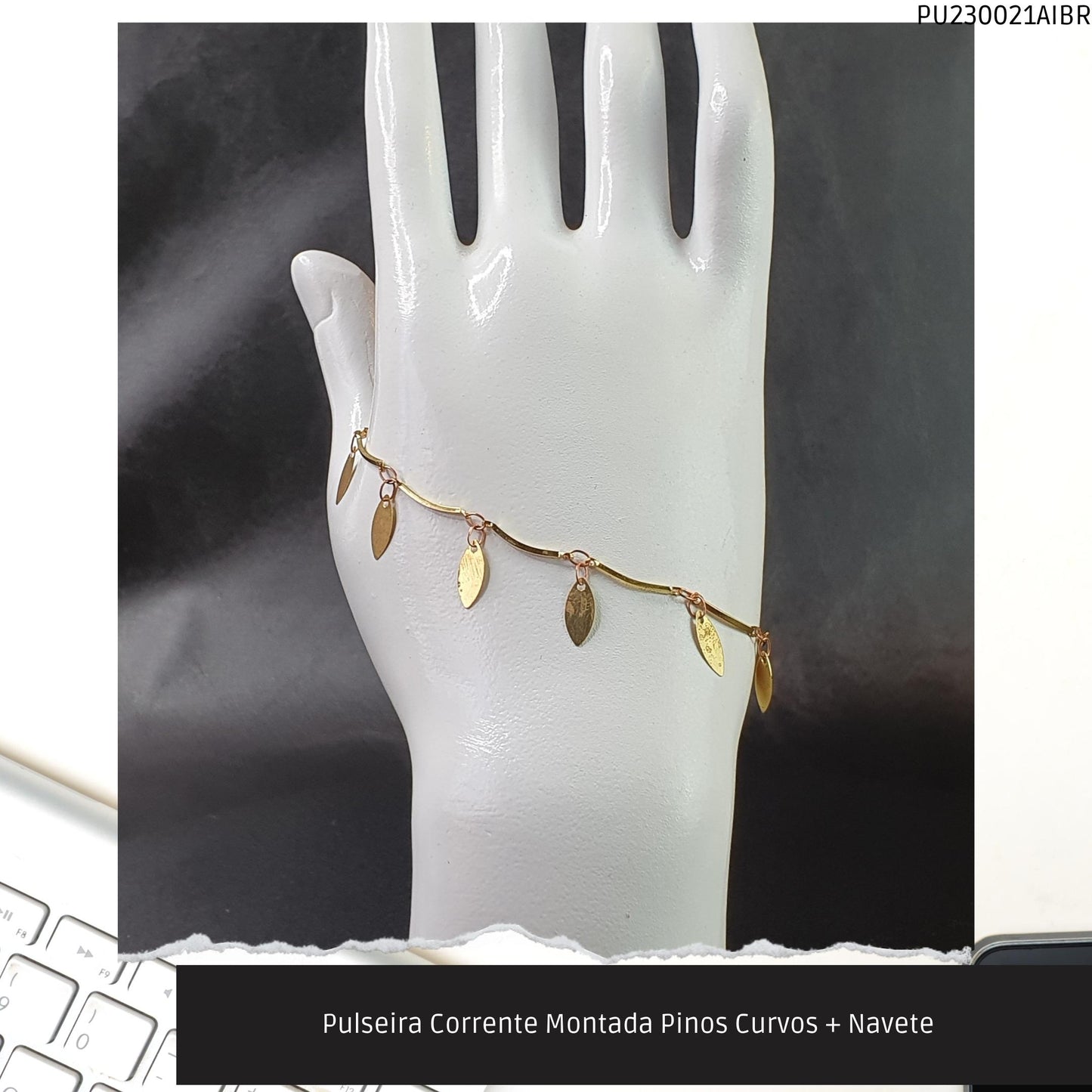 Pulseira Corrente Montada Pinos Curvos + Navete    - Código.: PU230021AIBR  - Peso.: 2.1 gr