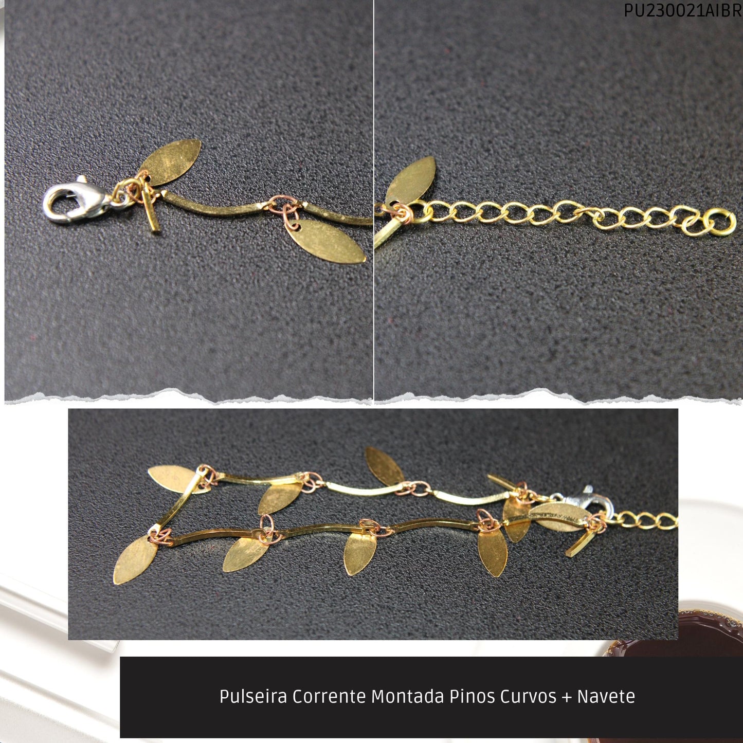 Pulseira Corrente Montada Pinos Curvos + Navete    - Código.: PU230021AIBR  - Peso.: 2.1 gr