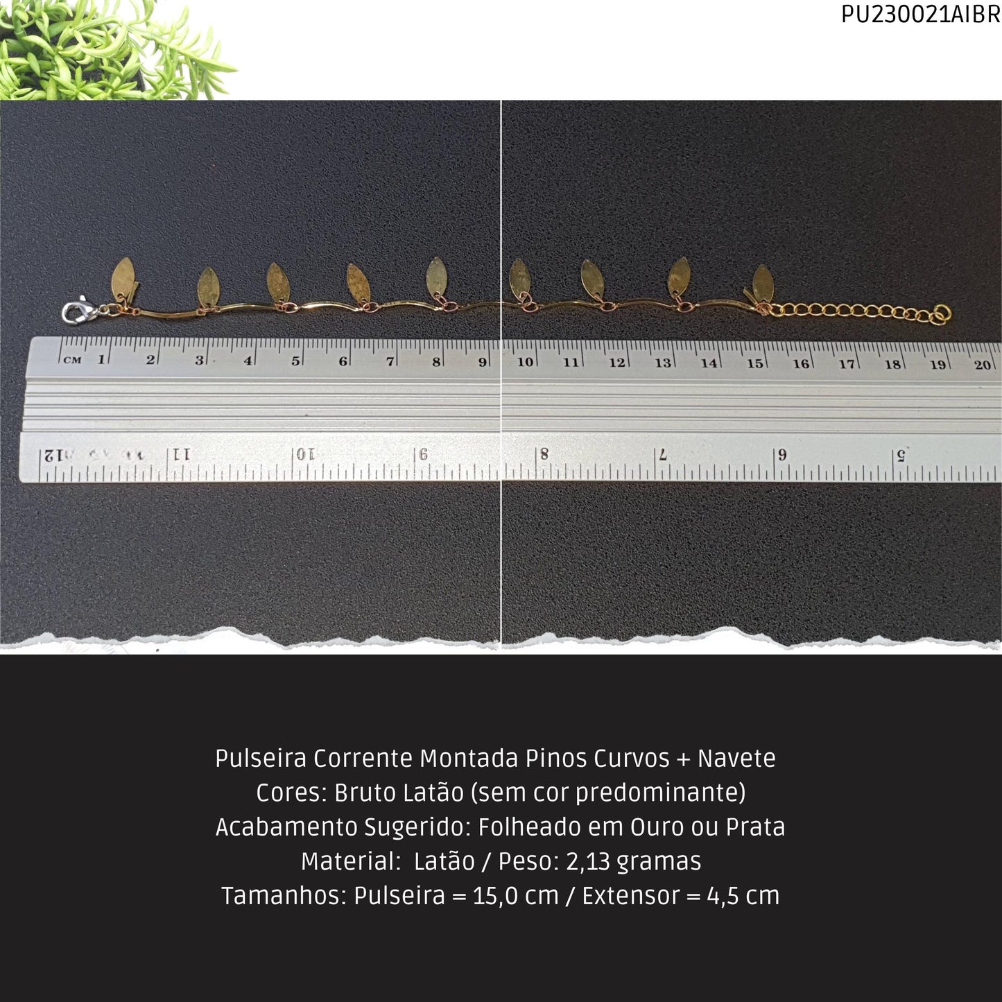 Pulseira Corrente Montada Pinos Curvos + Navete    - Código.: PU230021AIBR  - Peso.: 2.1 gr