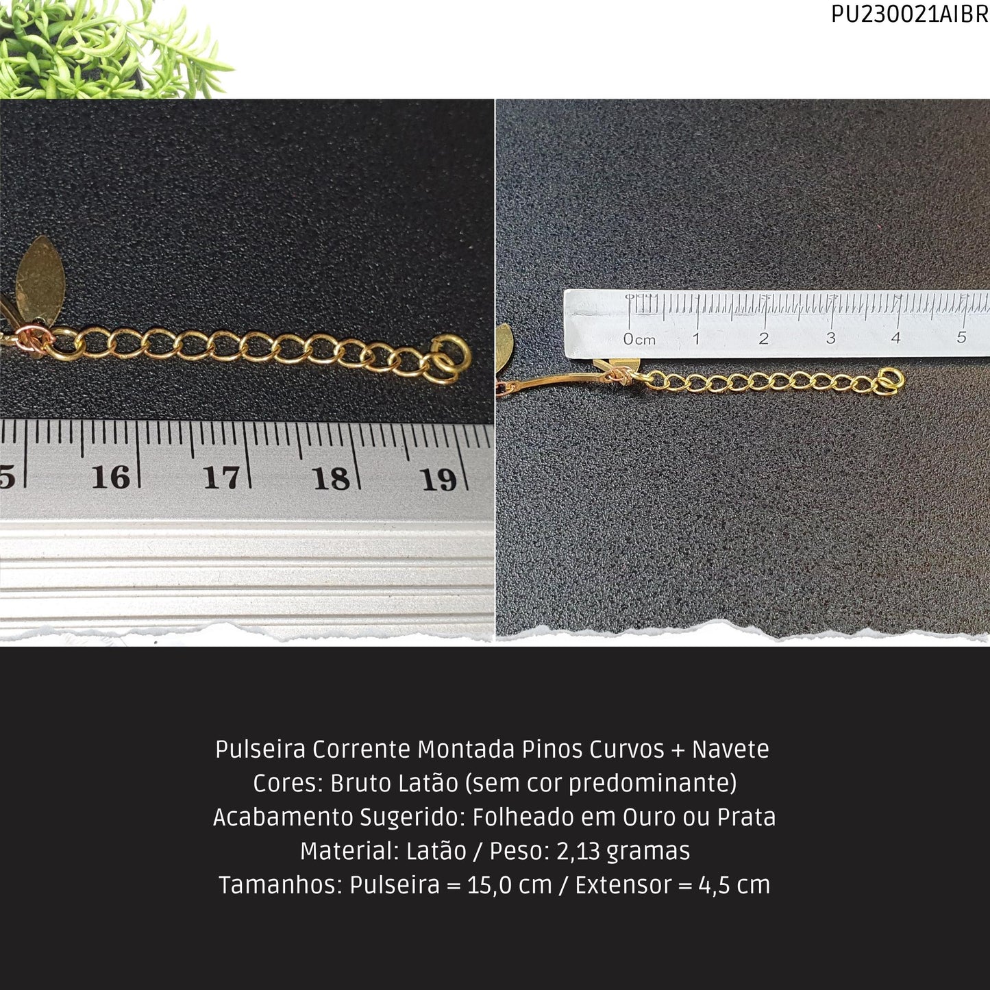 Pulseira Corrente Montada Pinos Curvos + Navete    - Código.: PU230021AIBR  - Peso.: 2.1 gr