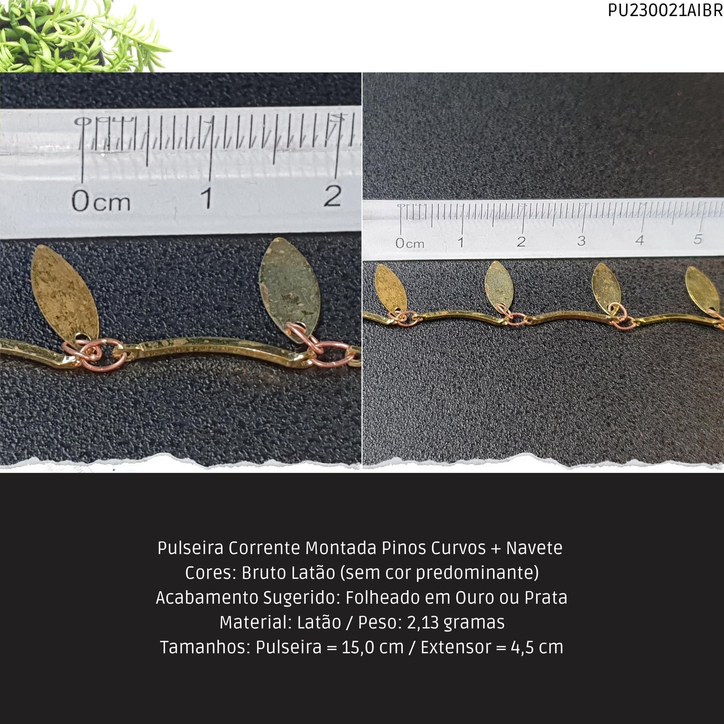 Pulseira Corrente Montada Pinos Curvos + Navete    - Código.: PU230021AIBR  - Peso.: 2.1 gr