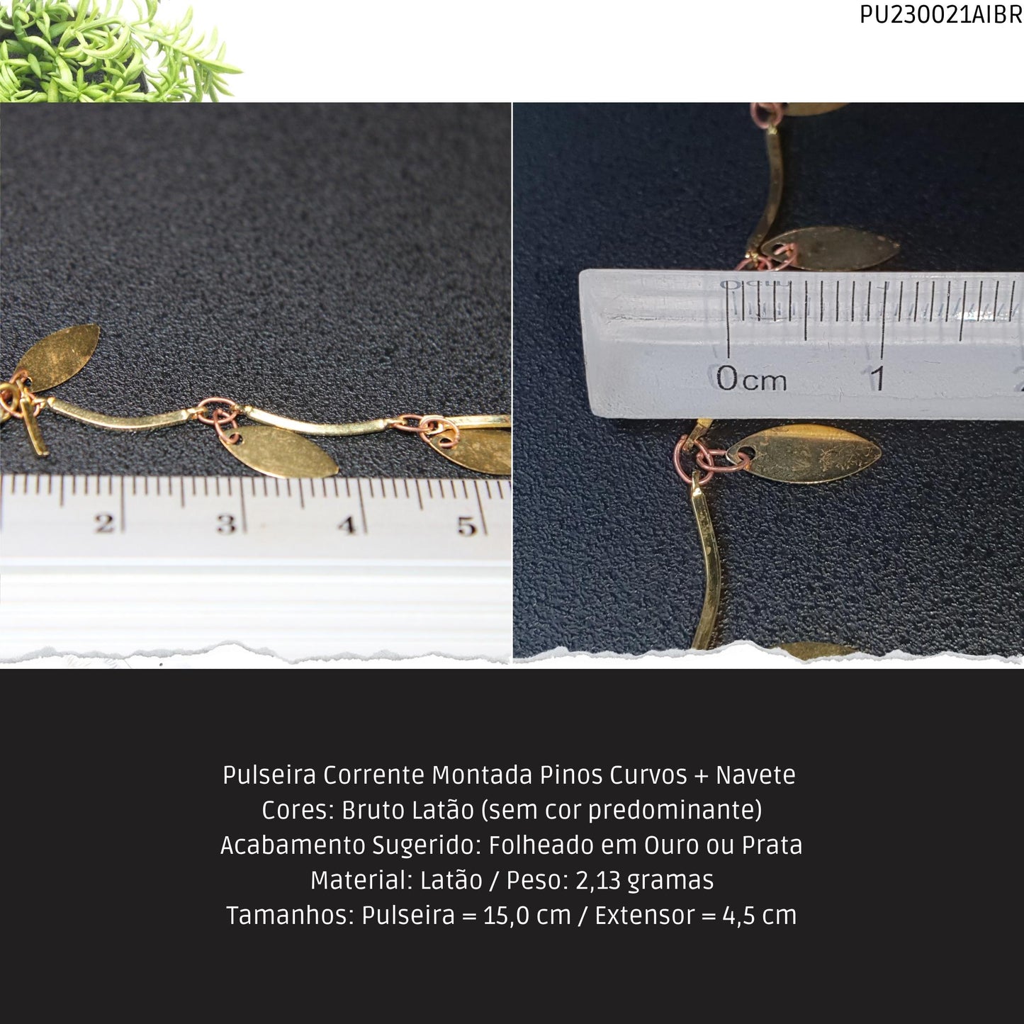 Pulseira Corrente Montada Pinos Curvos + Navete    - Código.: PU230021AIBR  - Peso.: 2.1 gr