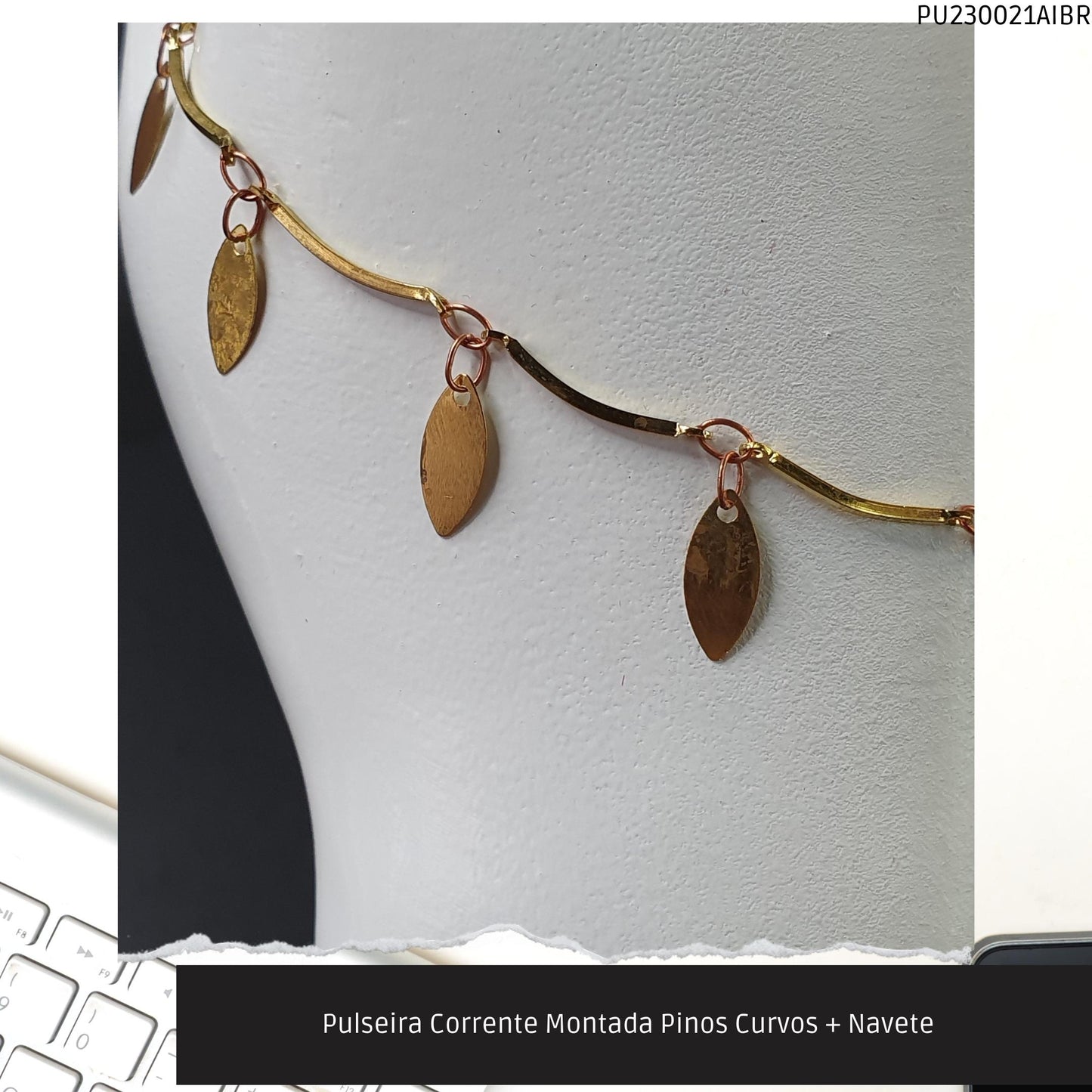 Pulseira Corrente Montada Pinos Curvos + Navete    - Código.: PU230021AIBR  - Peso.: 2.1 gr