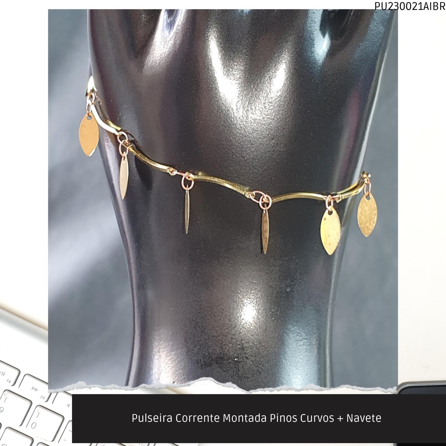 Pulseira Corrente Montada Pinos Curvos + Navete    - Código.: PU230021AIBR  - Peso.: 2.1 gr