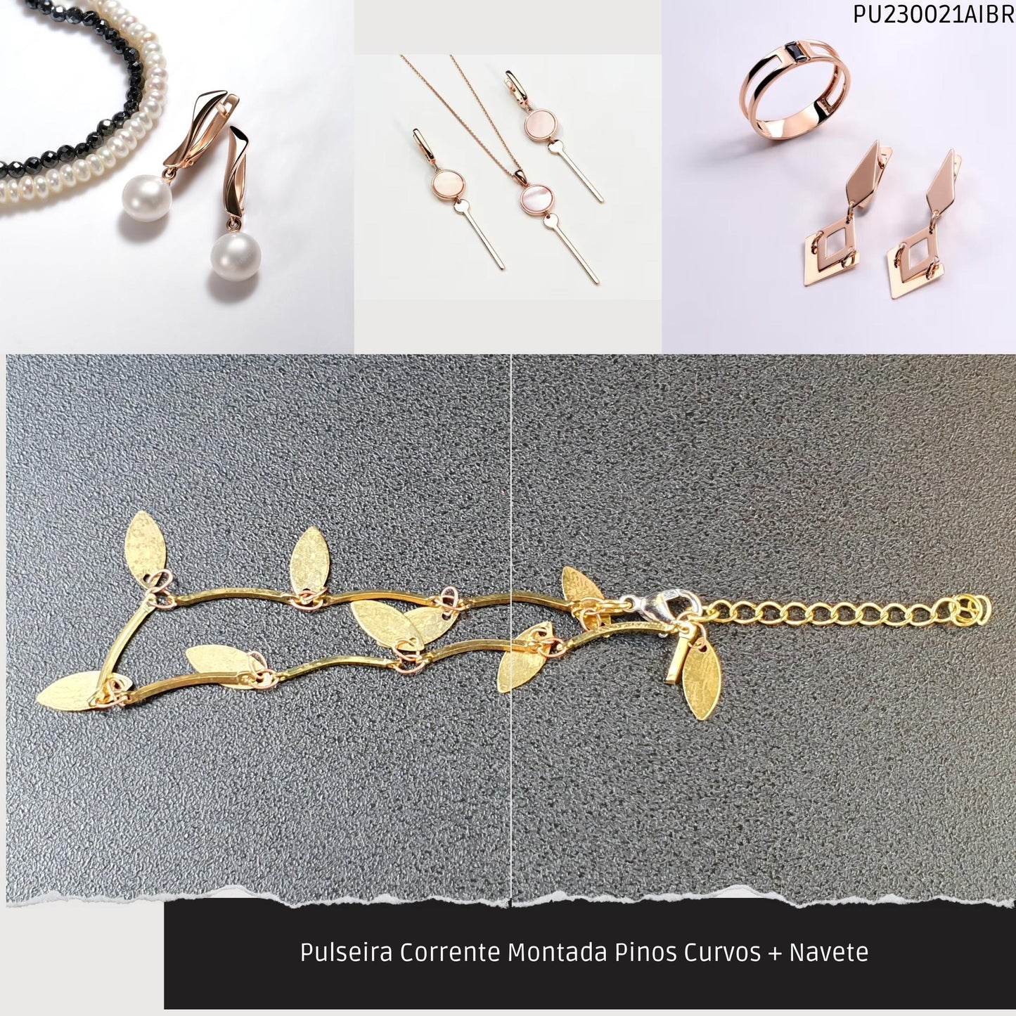 Pulseira Corrente Montada Pinos Curvos + Navete    - Código.: PU230021AIBR  - Peso.: 2.1 gr