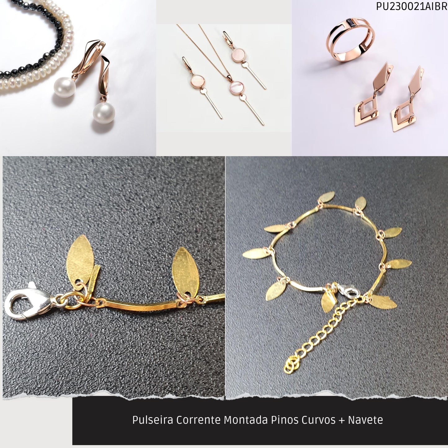 Pulseira Corrente Montada Pinos Curvos + Navete    - Código.: PU230021AIBR  - Peso.: 2.1 gr