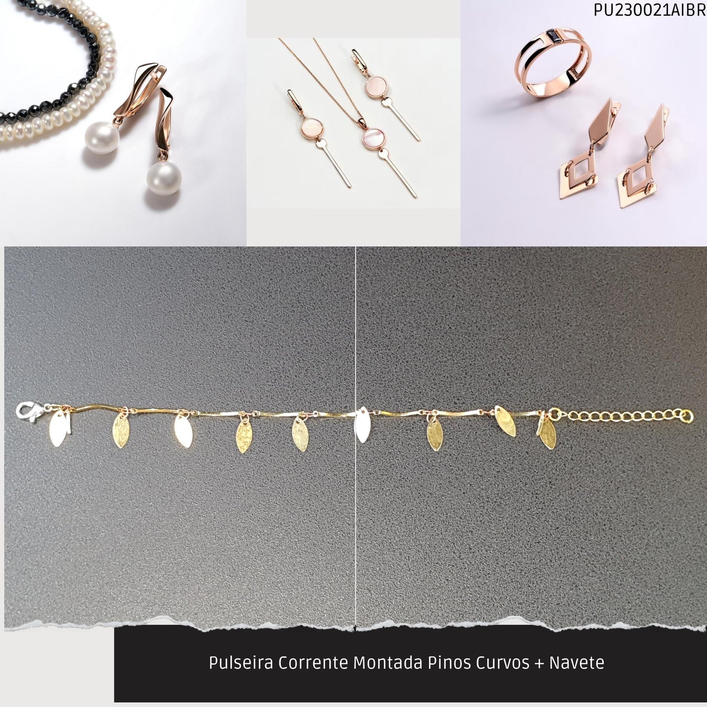 Pulseira Corrente Montada Pinos Curvos + Navete    - Código.: PU230021AIBR  - Peso.: 2.1 gr