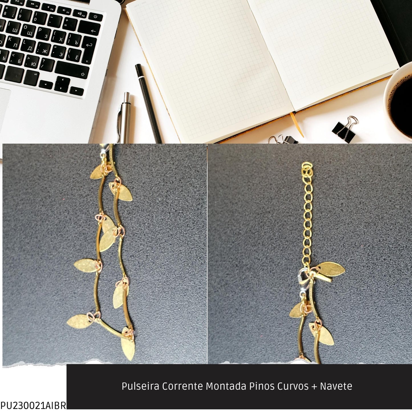 Pulseira Corrente Montada Pinos Curvos + Navete    - Código.: PU230021AIBR  - Peso.: 2.1 gr