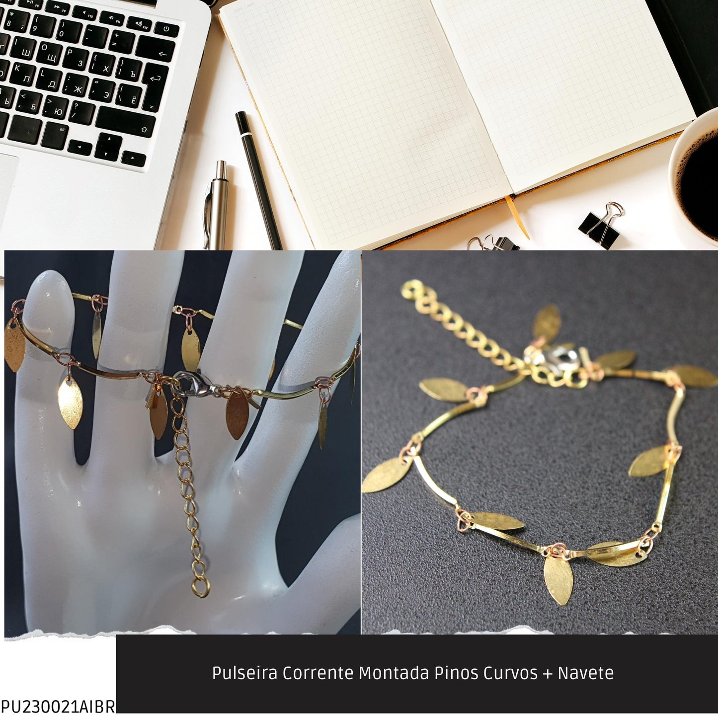 Pulseira Corrente Montada Pinos Curvos + Navete    - Código.: PU230021AIBR  - Peso.: 2.1 gr
