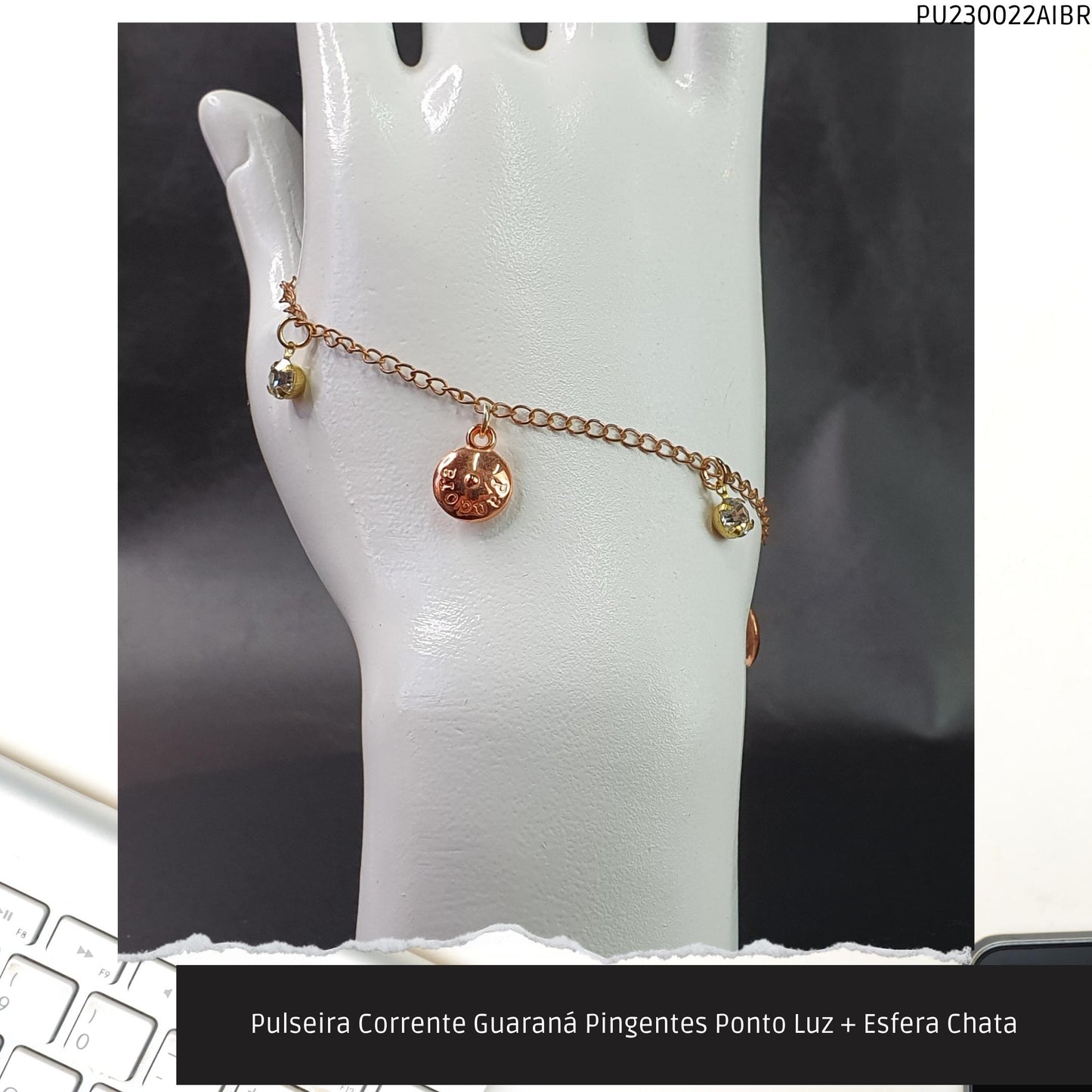 Pulseira Corrente Guaraná Pingentes Ponto Luz + Esfera Chata  - Código.: PU230022AIBR  - Peso.: 2.3 gr