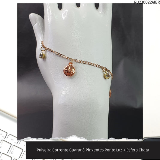 Pulseira Corrente Guaraná Pingentes Ponto Luz + Esfera Chata  - Código.: PU230022AIBR  - Peso.: 2.3 gr