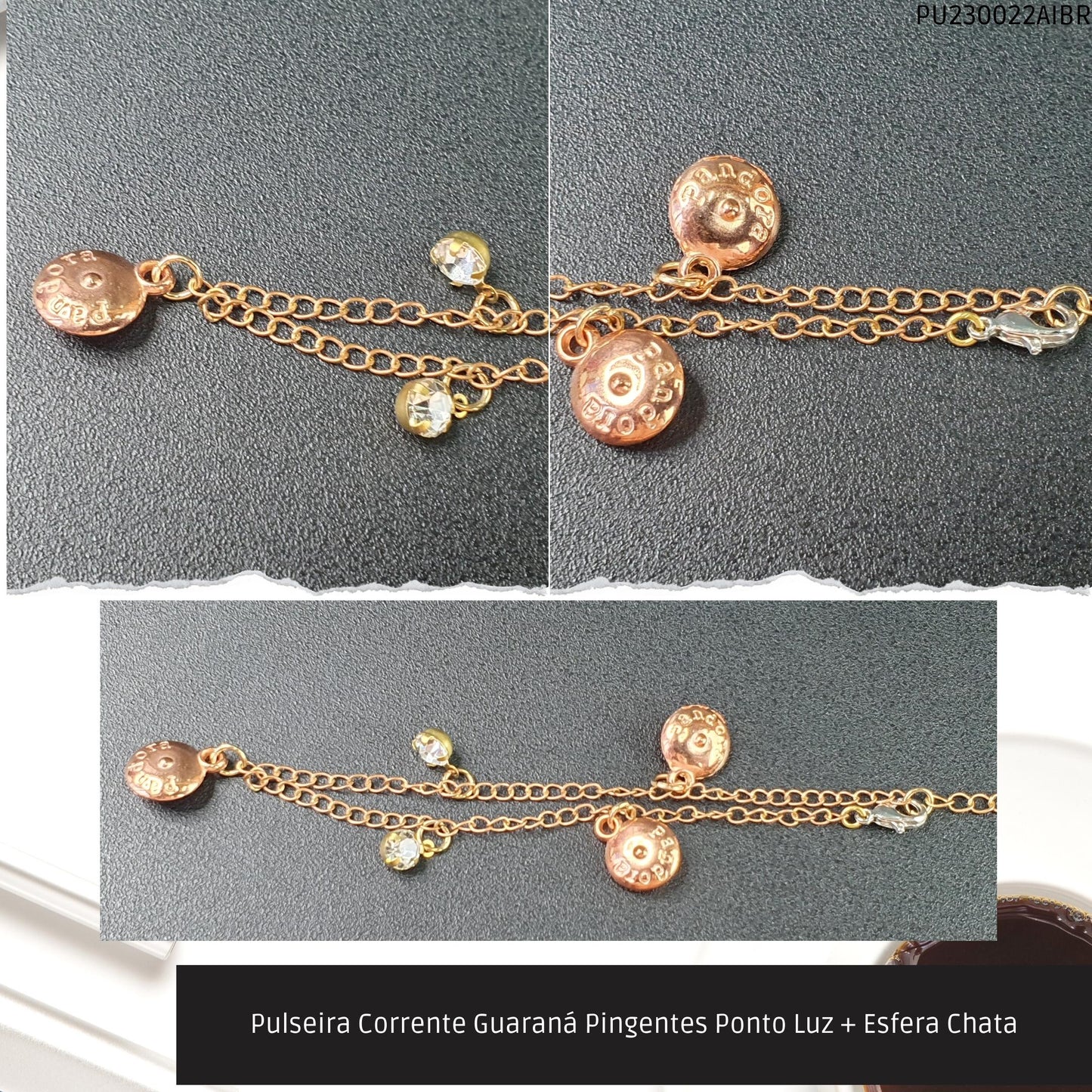 Pulseira Corrente Guaraná Pingentes Ponto Luz + Esfera Chata  - Código.: PU230022AIBR  - Peso.: 2.3 gr