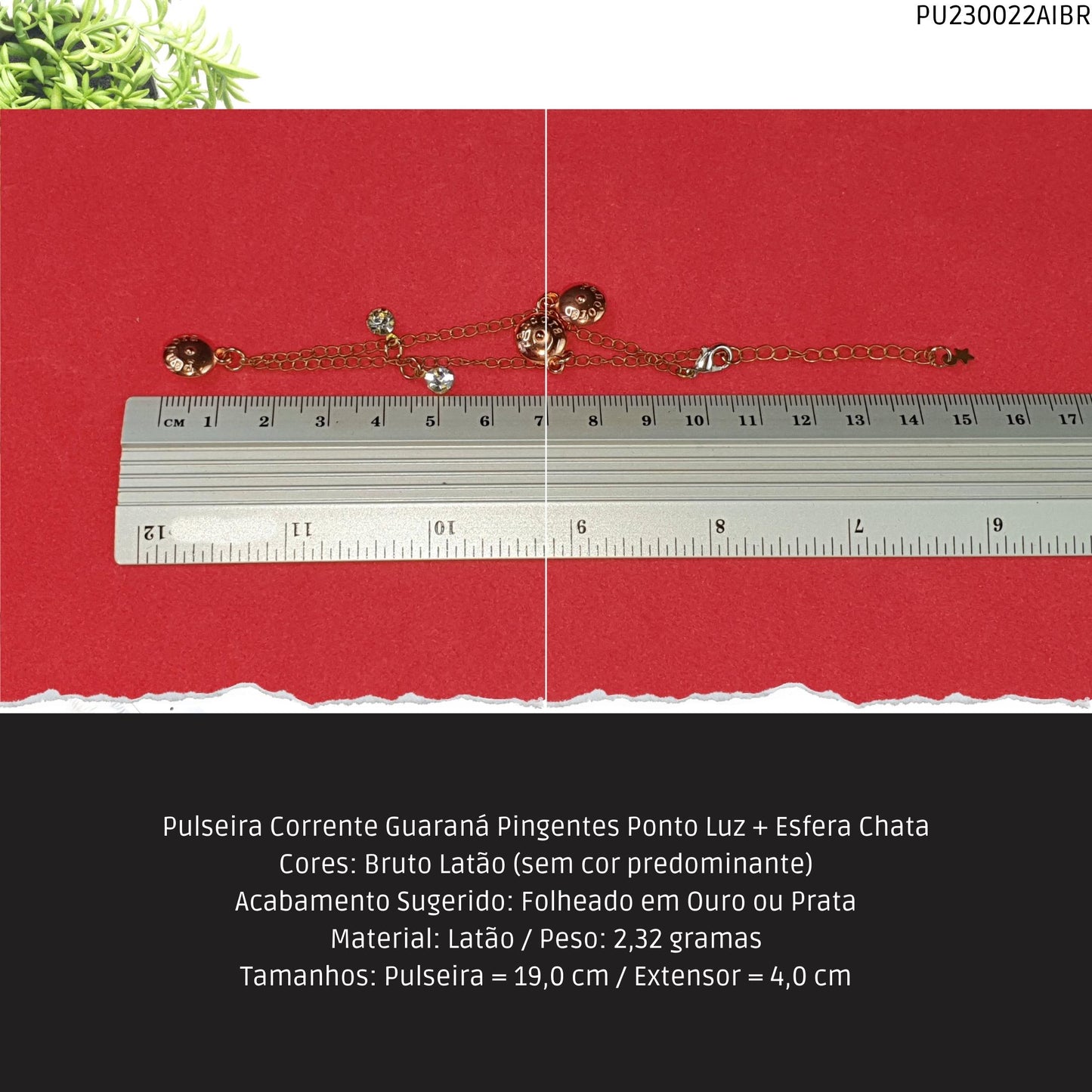 Pulseira Corrente Guaraná Pingentes Ponto Luz + Esfera Chata  - Código.: PU230022AIBR  - Peso.: 2.3 gr