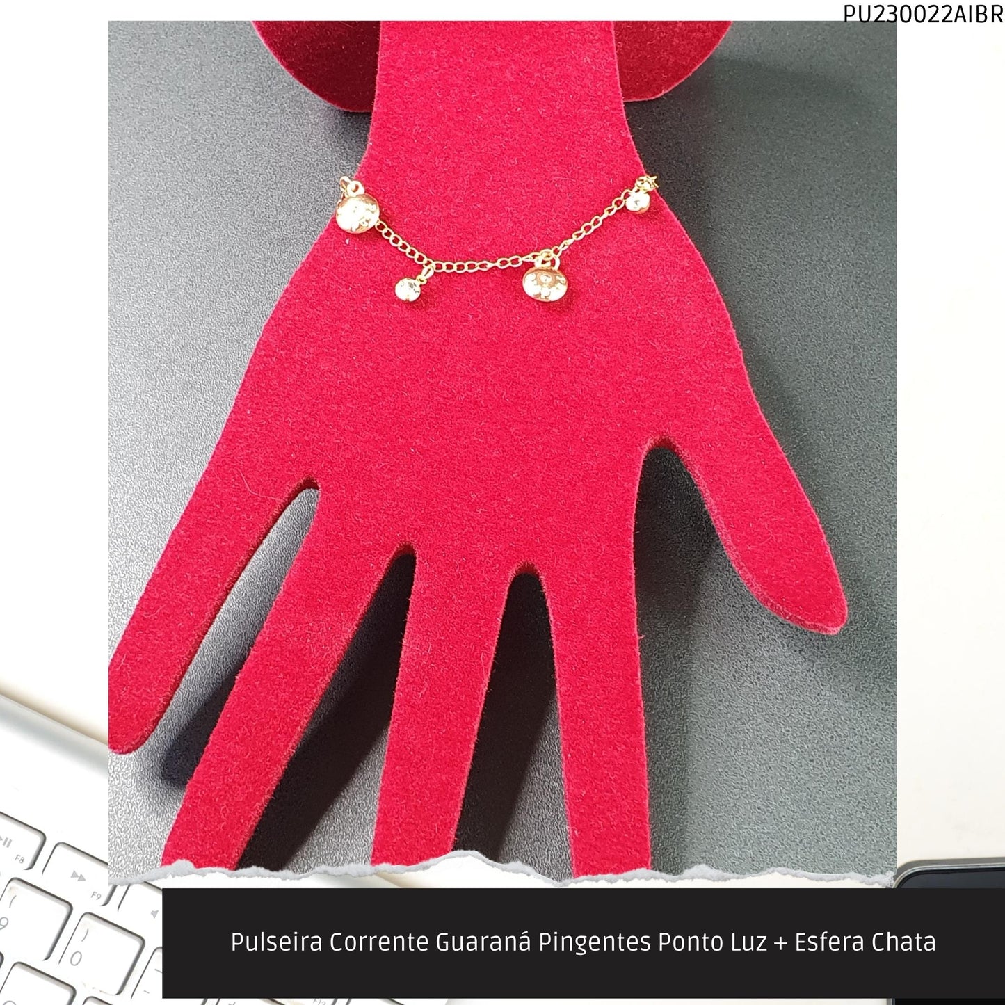 Pulseira Corrente Guaraná Pingentes Ponto Luz + Esfera Chata  - Código.: PU230022AIBR  - Peso.: 2.3 gr