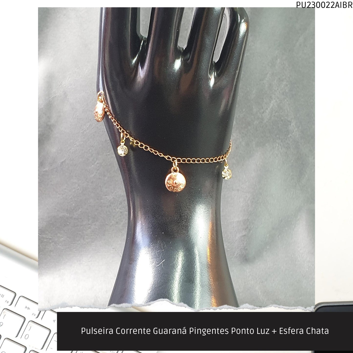 Pulseira Corrente Guaraná Pingentes Ponto Luz + Esfera Chata  - Código.: PU230022AIBR  - Peso.: 2.3 gr