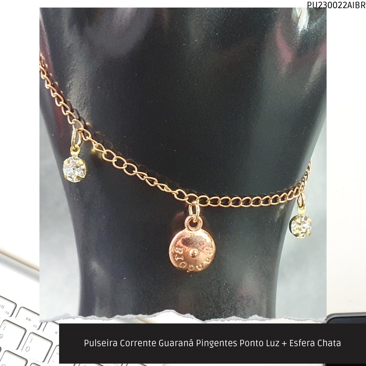 Pulseira Corrente Guaraná Pingentes Ponto Luz + Esfera Chata  - Código.: PU230022AIBR  - Peso.: 2.3 gr