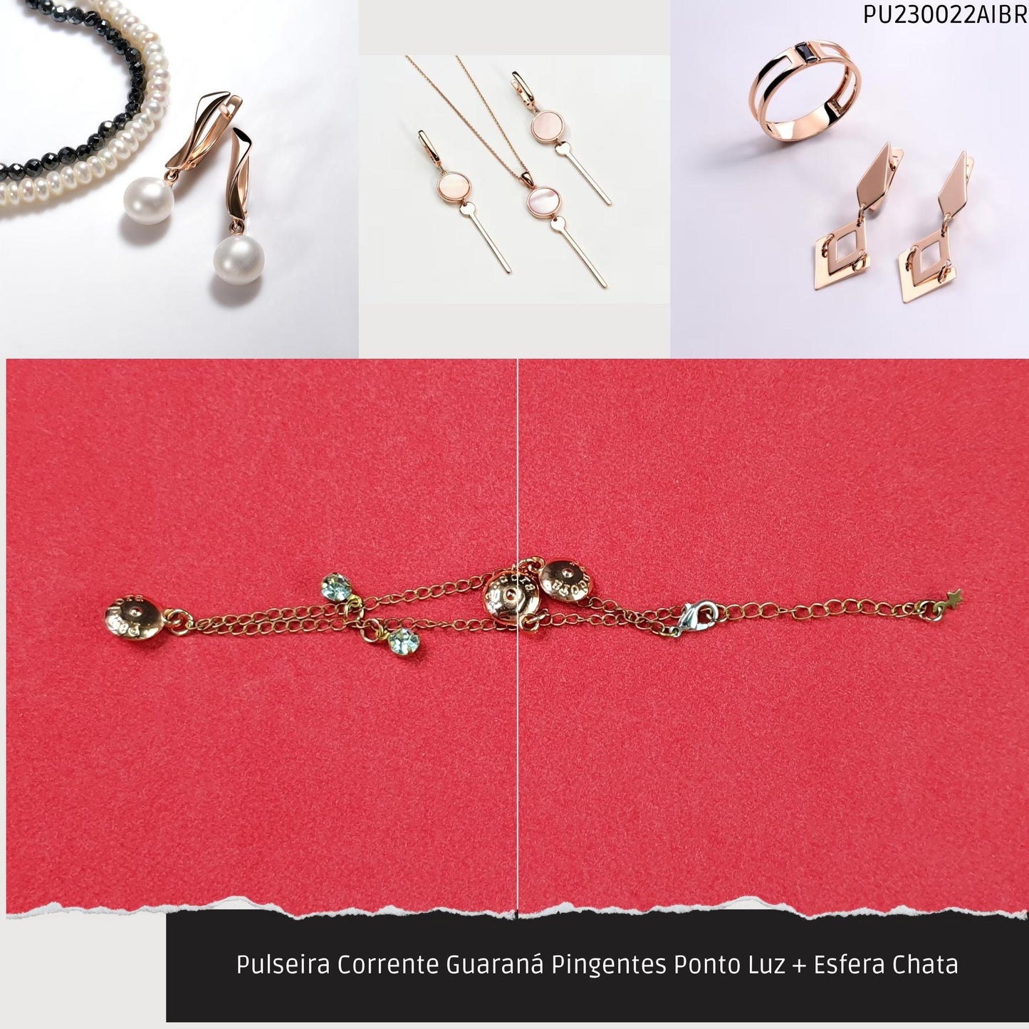 Pulseira Corrente Guaraná Pingentes Ponto Luz + Esfera Chata  - Código.: PU230022AIBR  - Peso.: 2.3 gr