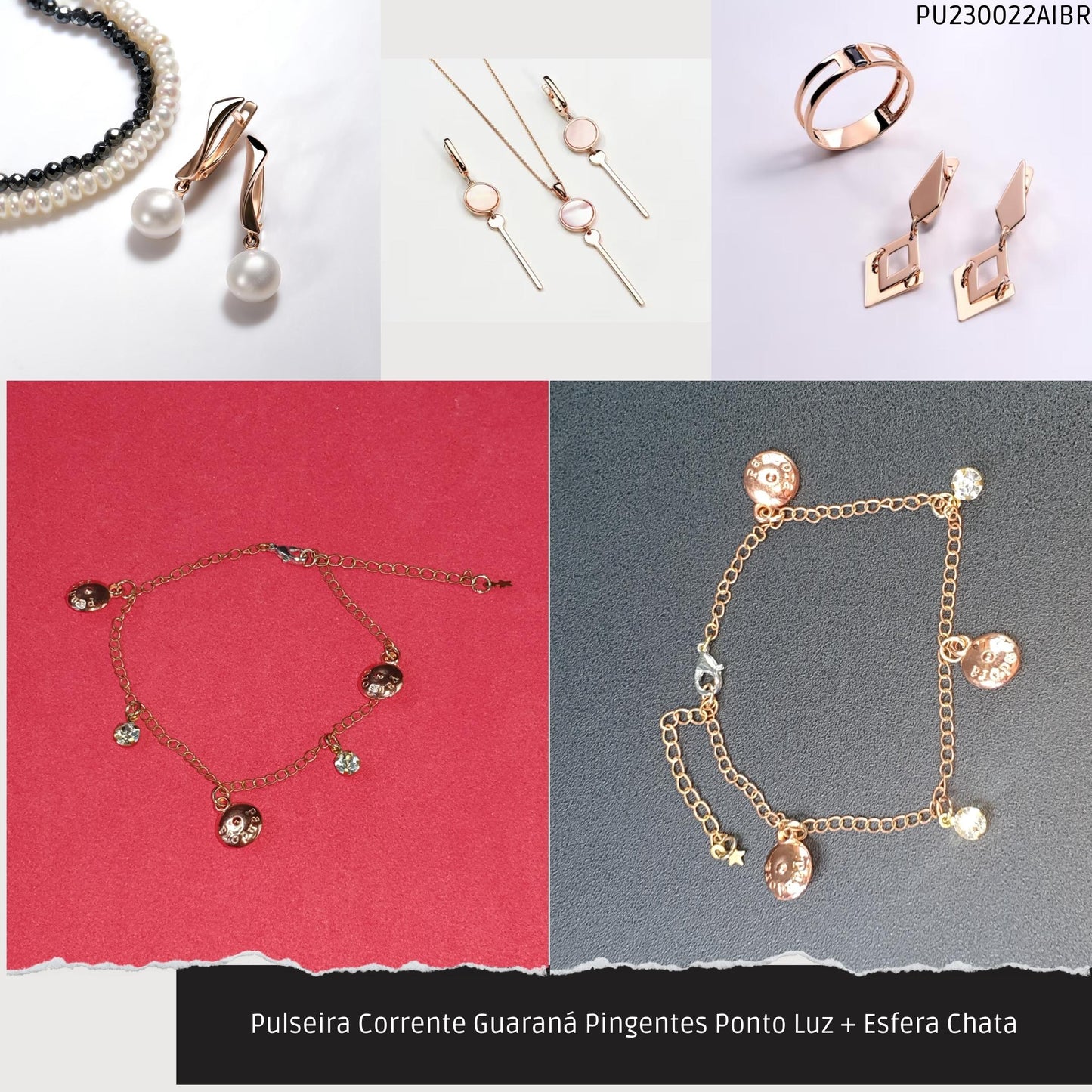 Pulseira Corrente Guaraná Pingentes Ponto Luz + Esfera Chata  - Código.: PU230022AIBR  - Peso.: 2.3 gr