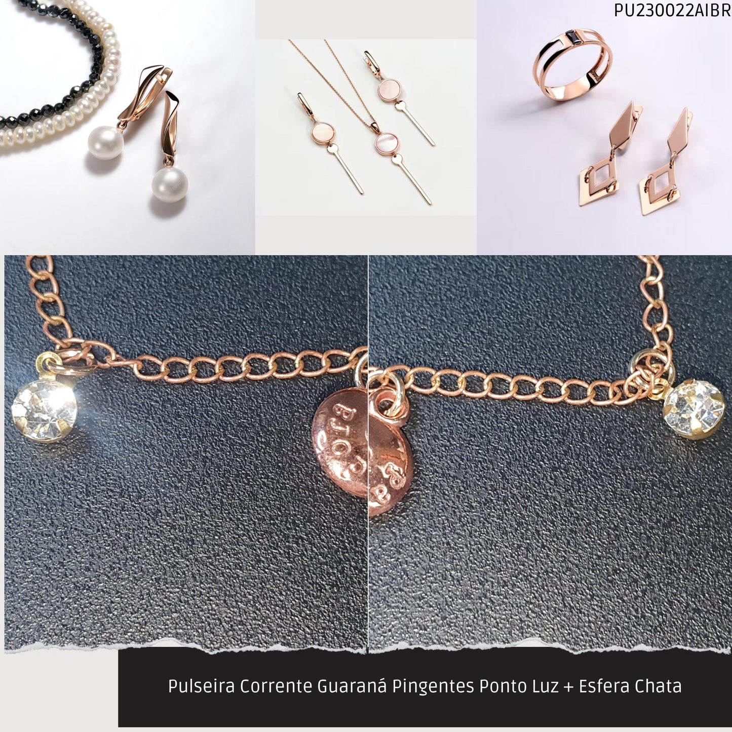 Pulseira Corrente Guaraná Pingentes Ponto Luz + Esfera Chata  - Código.: PU230022AIBR  - Peso.: 2.3 gr
