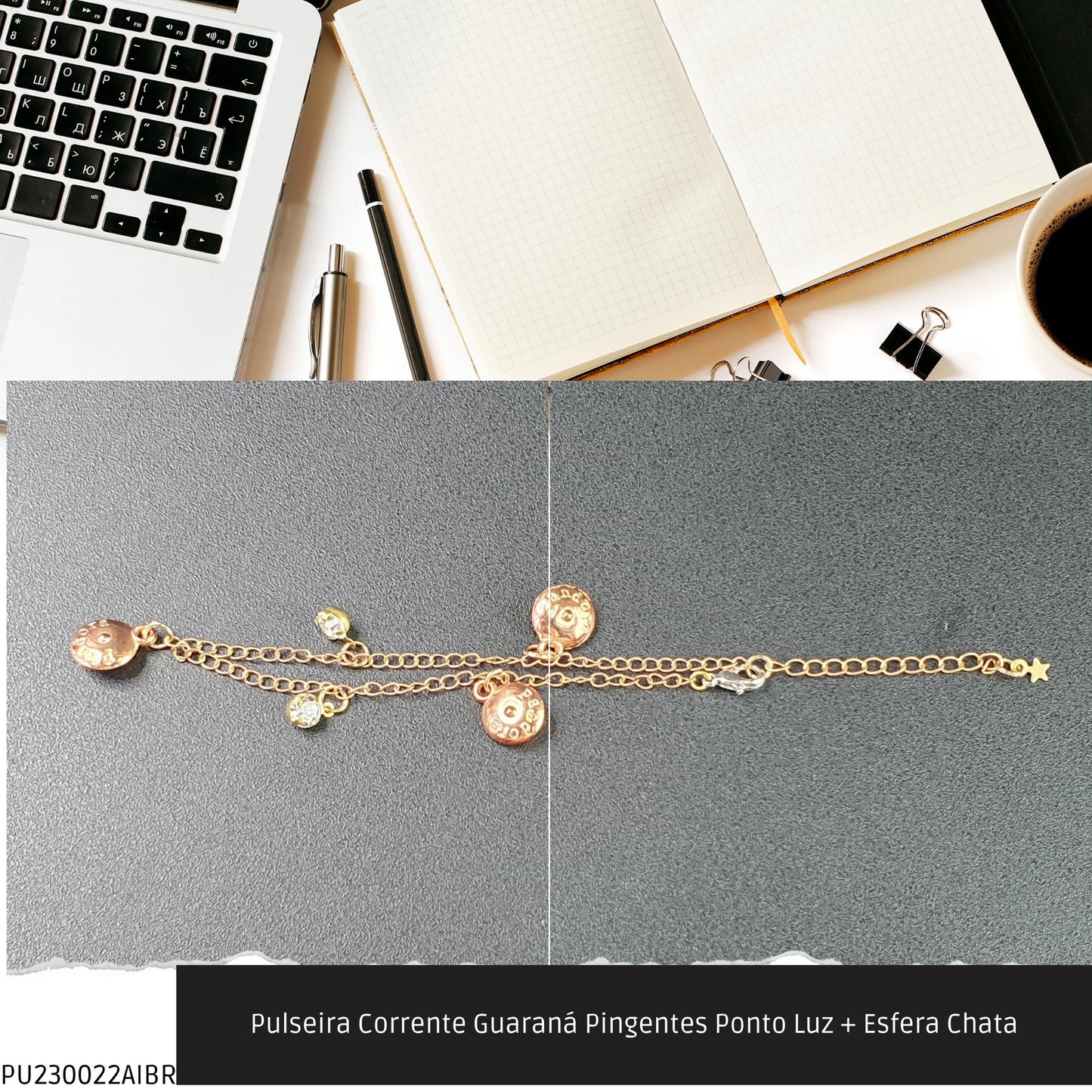 Pulseira Corrente Guaraná Pingentes Ponto Luz + Esfera Chata  - Código.: PU230022AIBR  - Peso.: 2.3 gr
