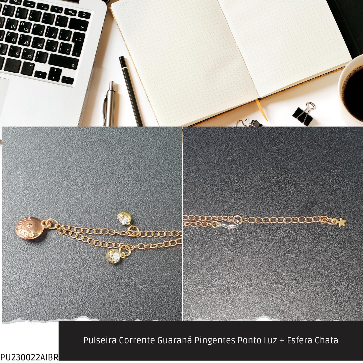 Pulseira Corrente Guaraná Pingentes Ponto Luz + Esfera Chata  - Código.: PU230022AIBR  - Peso.: 2.3 gr